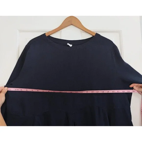 LINTICO Navy Blue Linen Pleated Midi Dress XXL 3/4 Sleeve Pockets Lagenlook - Picture 6 of 7